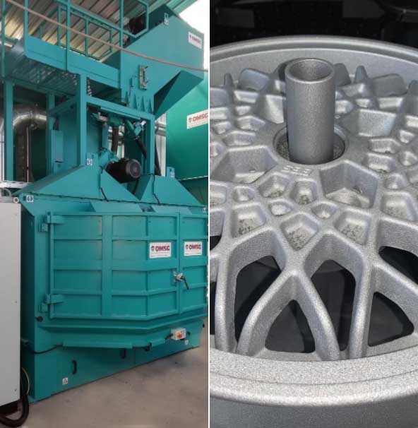 Rotary table shot blasting machine for the treatment of alloy wheels